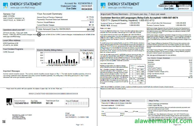 USA PG&E utility bill template in Word and PDF formats, 3 pages, 1-2 pages